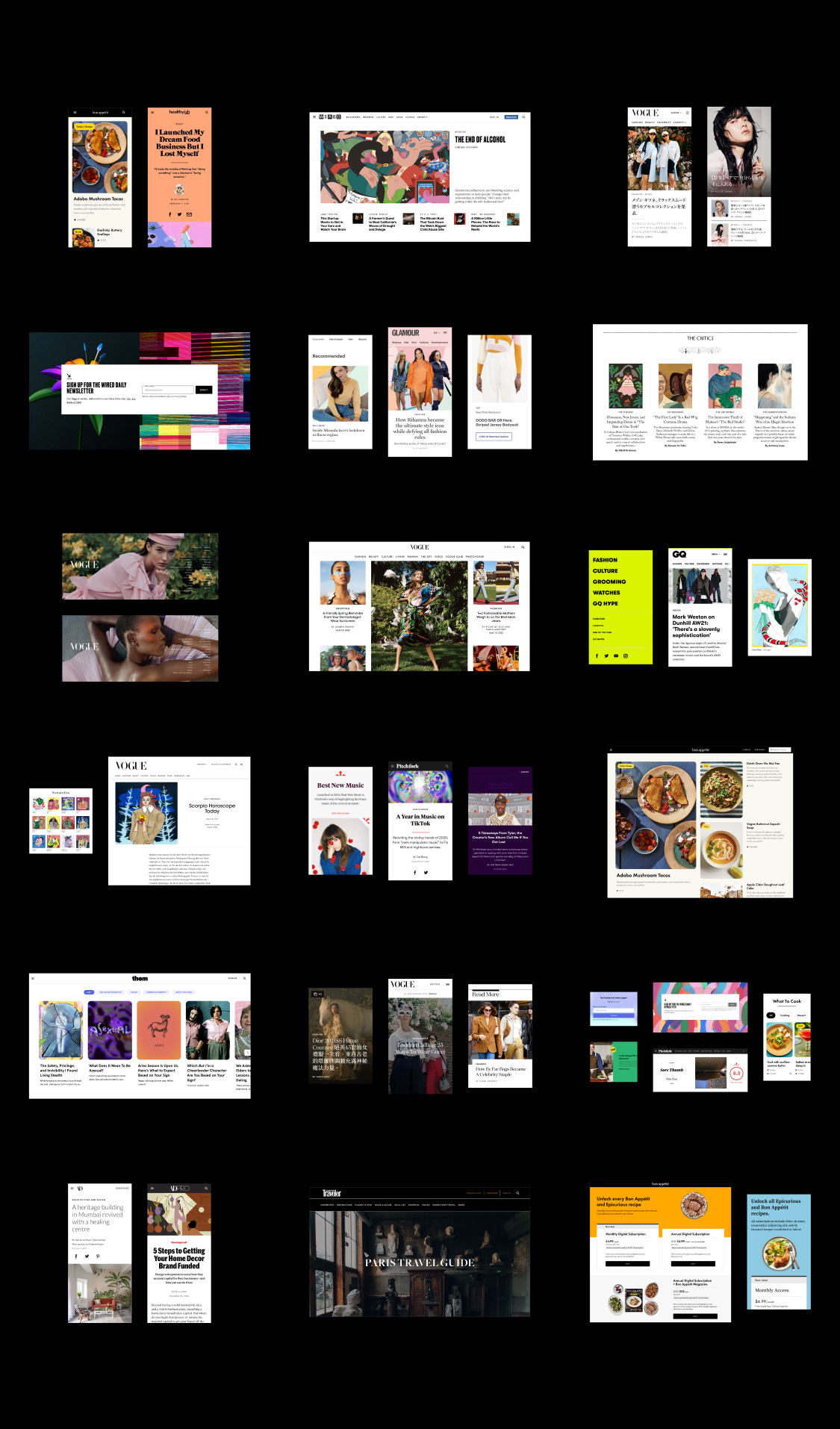 A collage of screenshots from Condé Nast brands such as Vogue, Wired, and The New Yorker