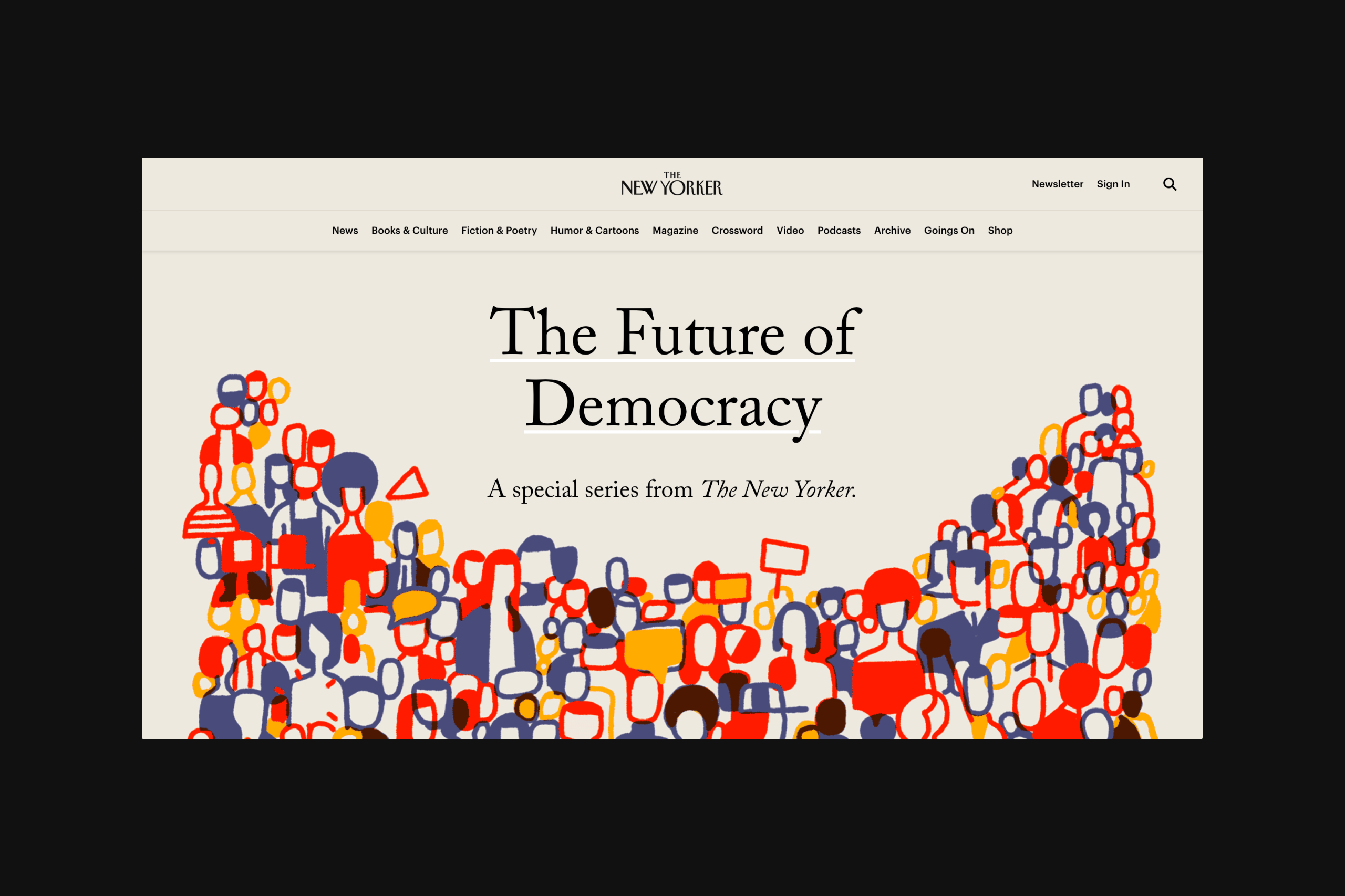 A screenshot of The New Yorker's Future of Democracy channel page