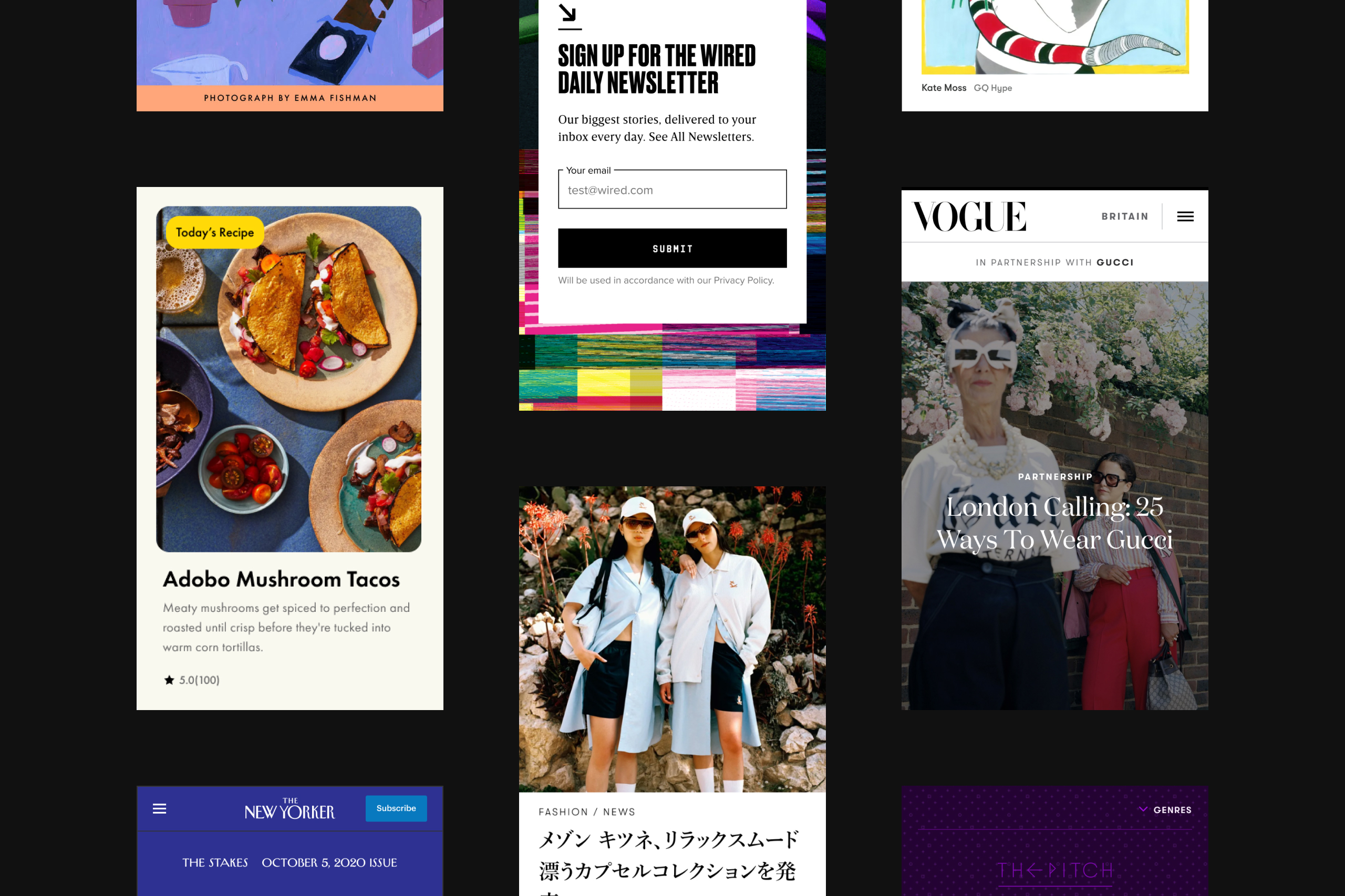 Mobile screenshots of components themed for different Condé Nast brands